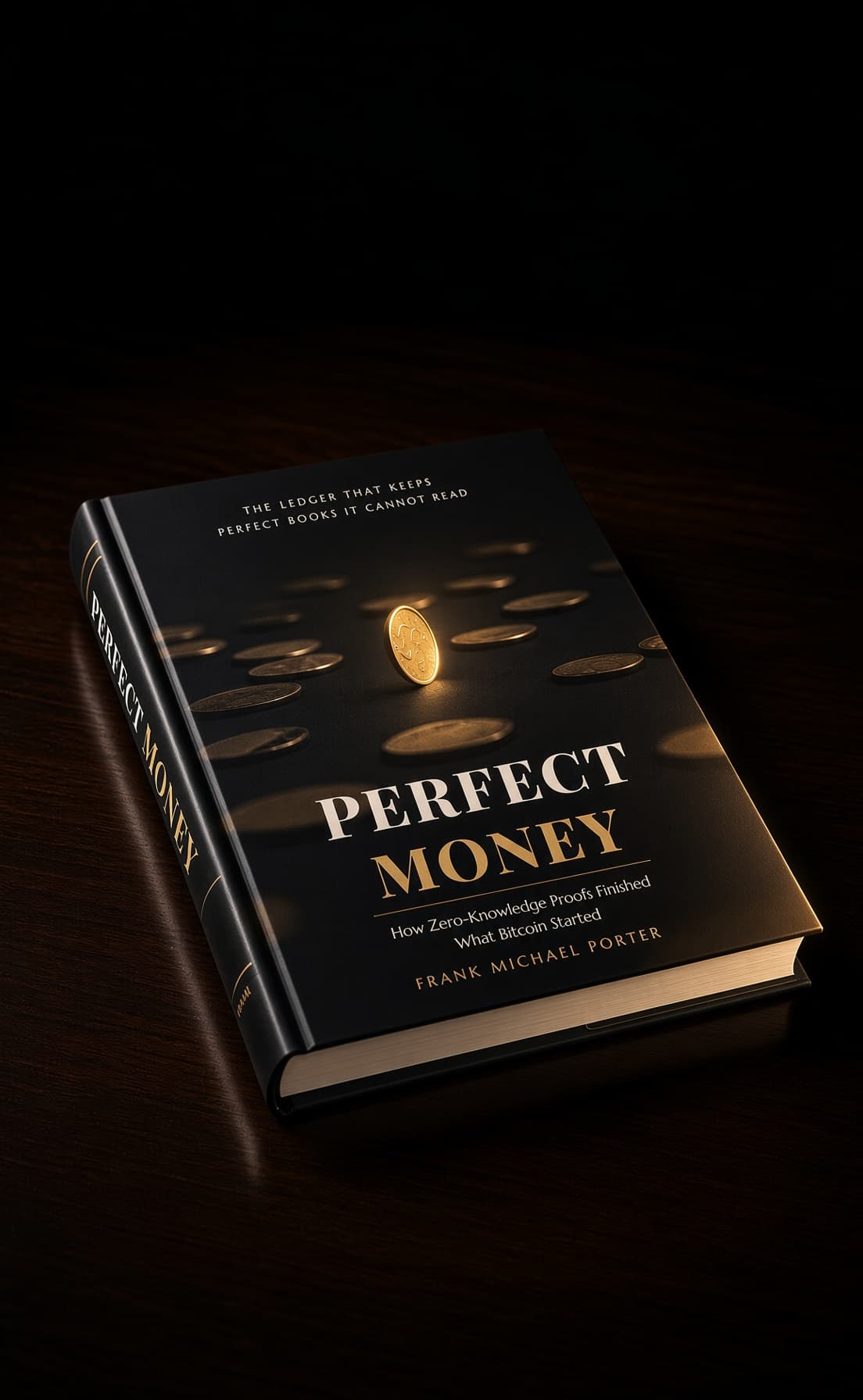 Perfect Money, by Frank Michael Porter, resting on a dark wood table